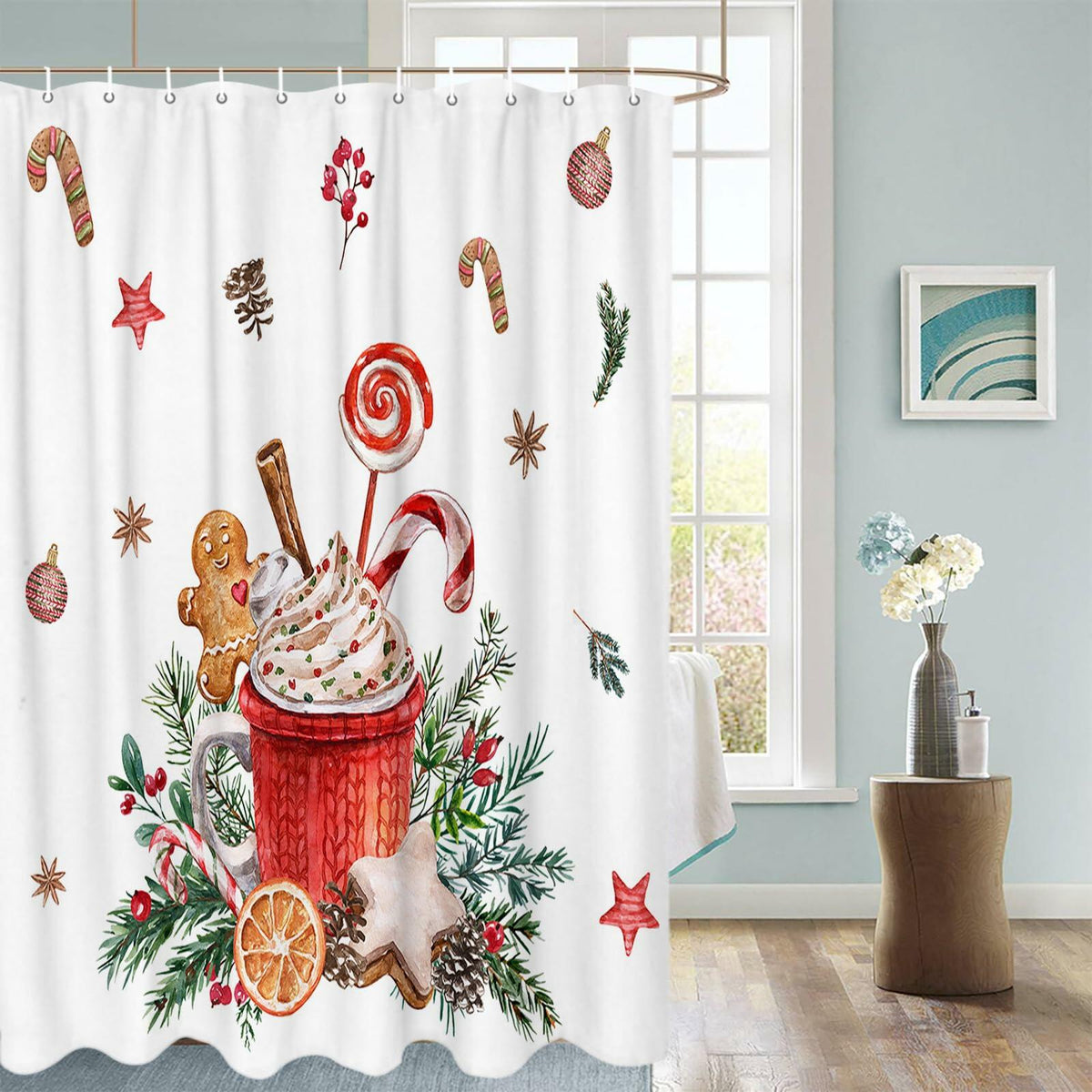 Christmas Gingerbread Man Shower Curtain Waterproof 72x72 Xmas Holiday Decor