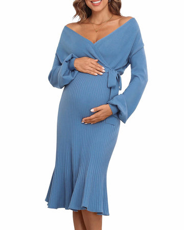 V FOR CITY Maternity Sweater Dress Wrap Knit Pleated Midi Blue Size M