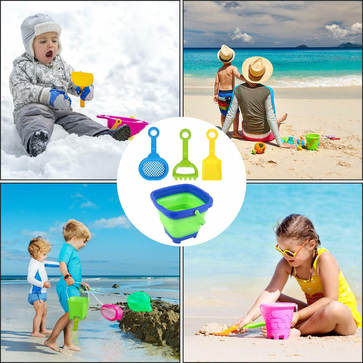 Beach Toys Set Collapsible Bucket 3 Shovels Mesh Bag Foldable Pail Toddler