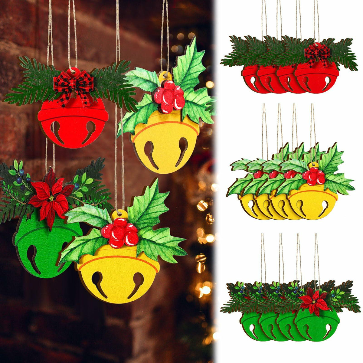 12 Pcs 3D Wooden Christmas Jingle Bell Ornaments Buffalo Plaid Bow