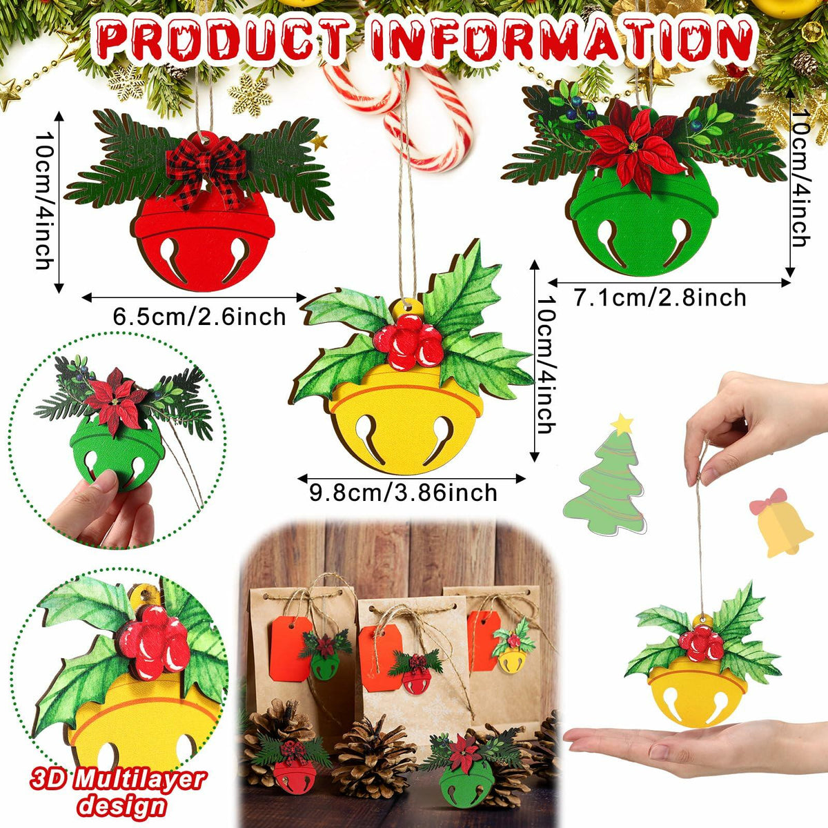 12 Pcs 3D Wooden Christmas Jingle Bell Ornaments Buffalo Plaid Bow