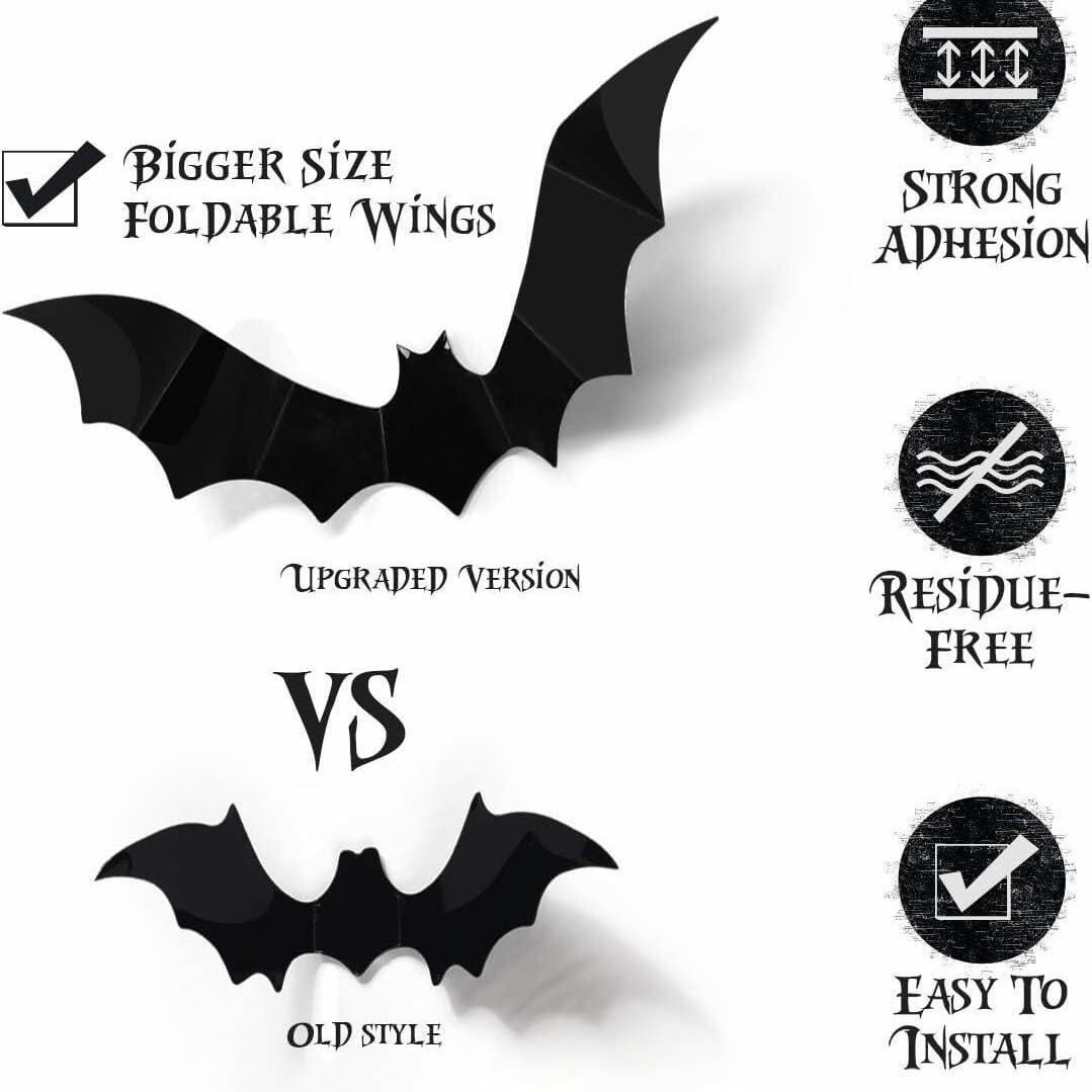 DZBJIPT 120 Pcs 3D Halloween Bats Wall Decals 4 Sizes Black Bat Decor