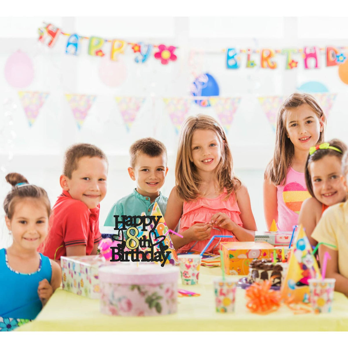 Sumerk 8th Birthday Cake Topper Black Gold Glitter Party Decoration