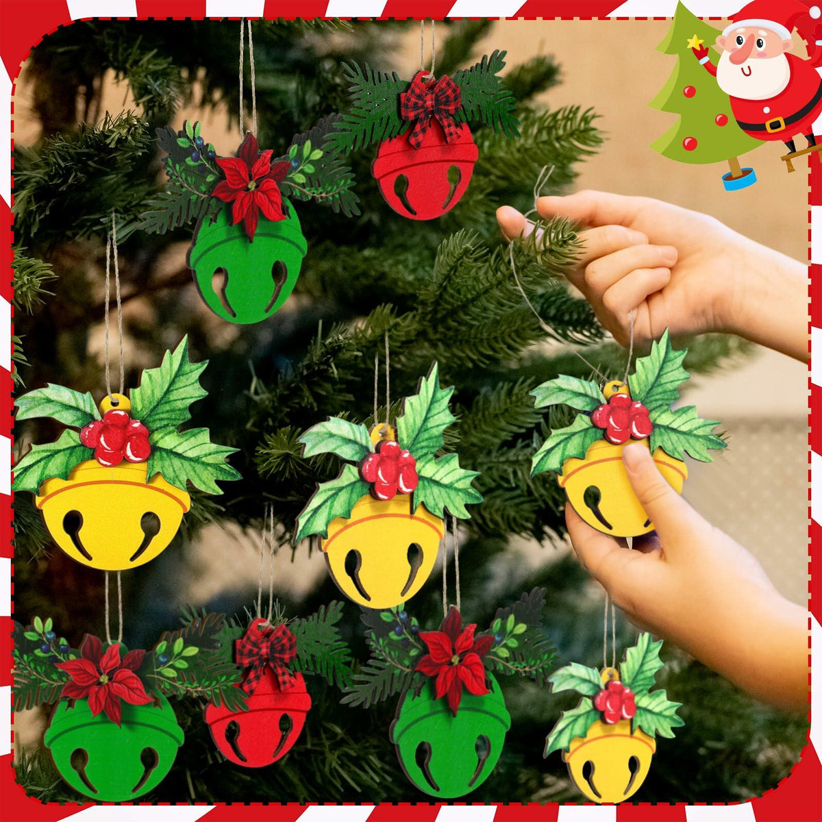 12 Pcs 3D Wooden Christmas Jingle Bell Ornaments Buffalo Plaid Bow