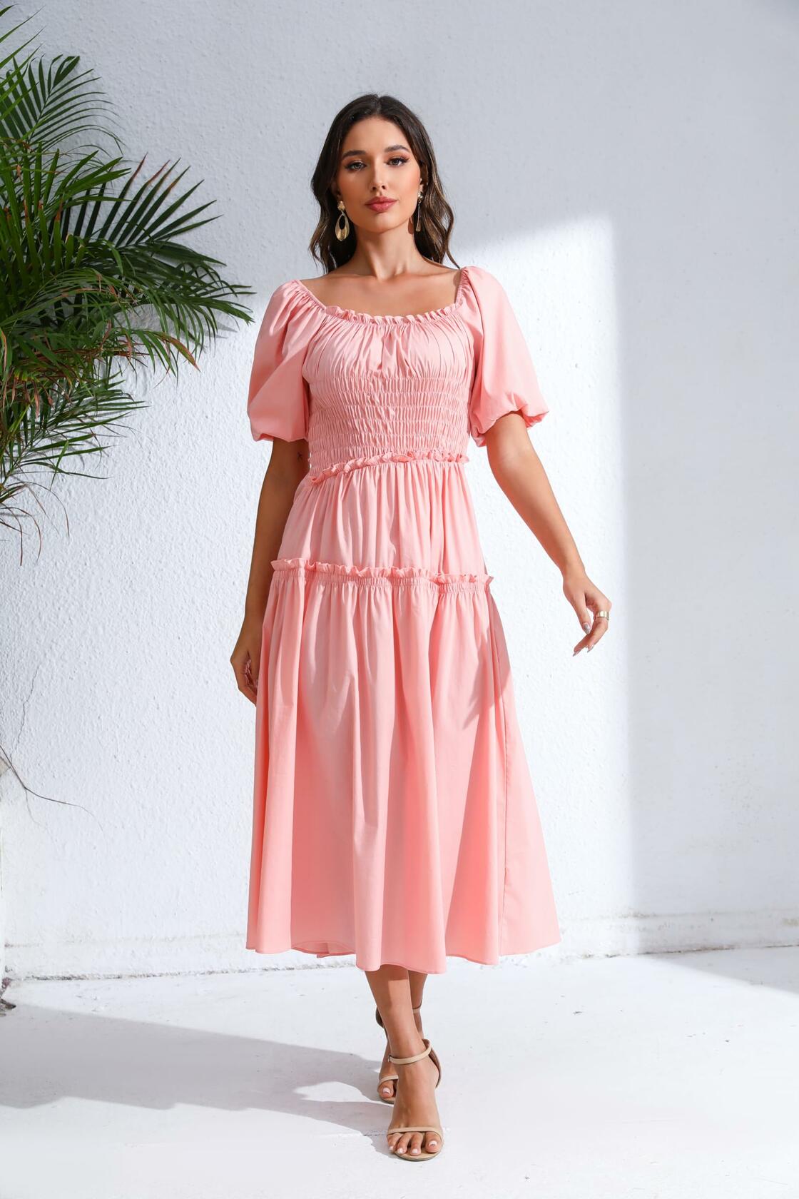 Love Welove Fashion Women's Formal Midi Puff Sleeve Dress Pastel Pink