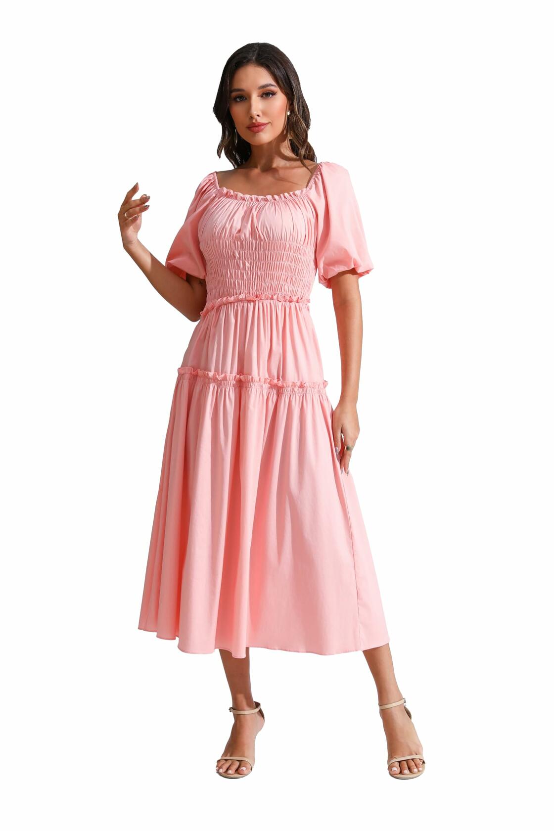 Love Welove Fashion Women's Formal Midi Puff Sleeve Dress Pastel Pink