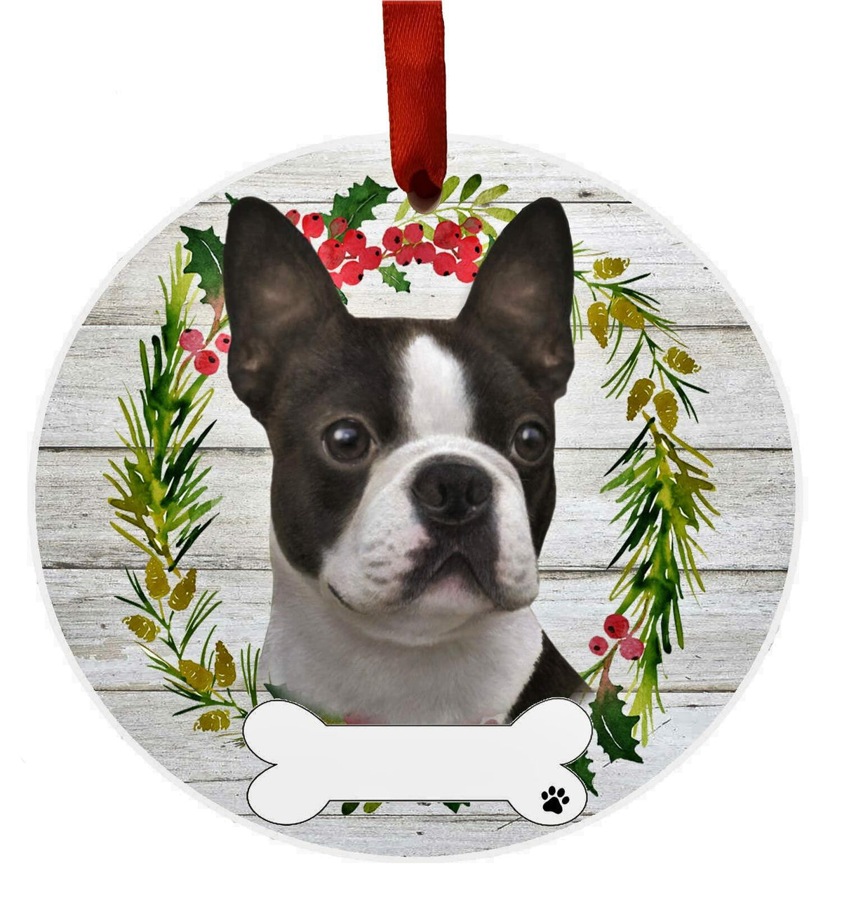 E&S Pets Boston Terrier Ceramic Round Ornament DIY Personalizable Glazed