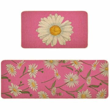 Spring Kitchen Mats Set of 2 Floral Daisy Rugs Pink 17x29 & 17x47 Inch