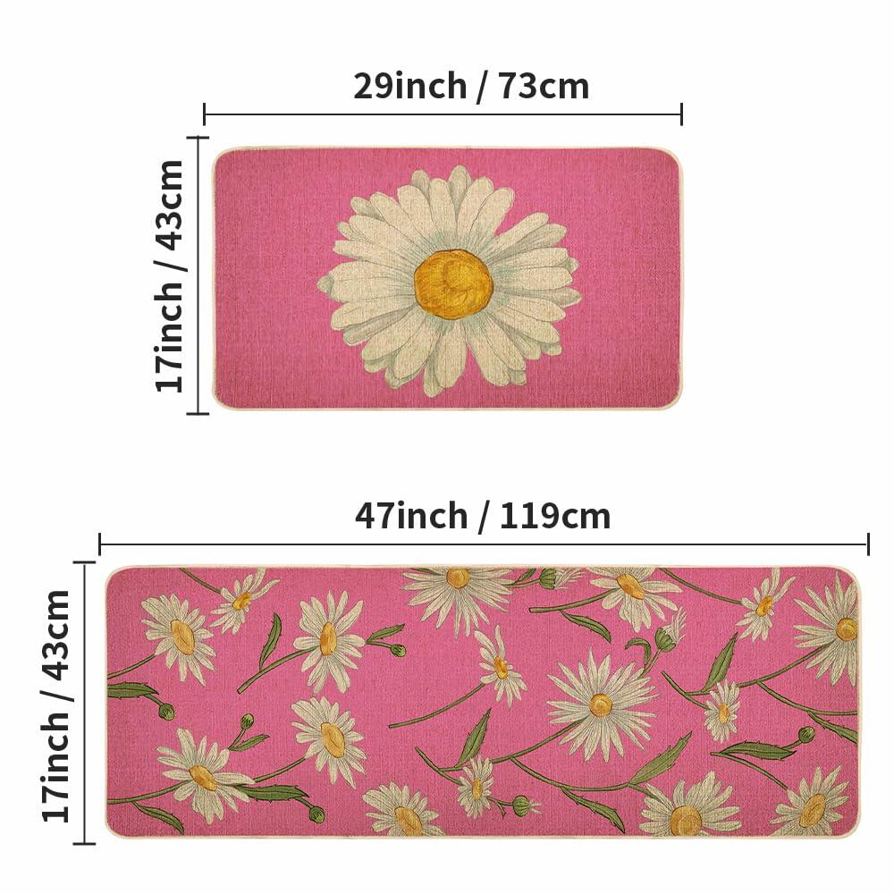 Spring Kitchen Mats Set of 2 Floral Daisy Rugs Pink 17x29 & 17x47 Inch
