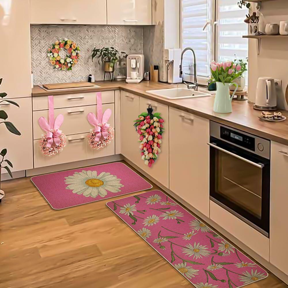 Spring Kitchen Mats Set of 2 Floral Daisy Rugs Pink 17x29 & 17x47 Inch