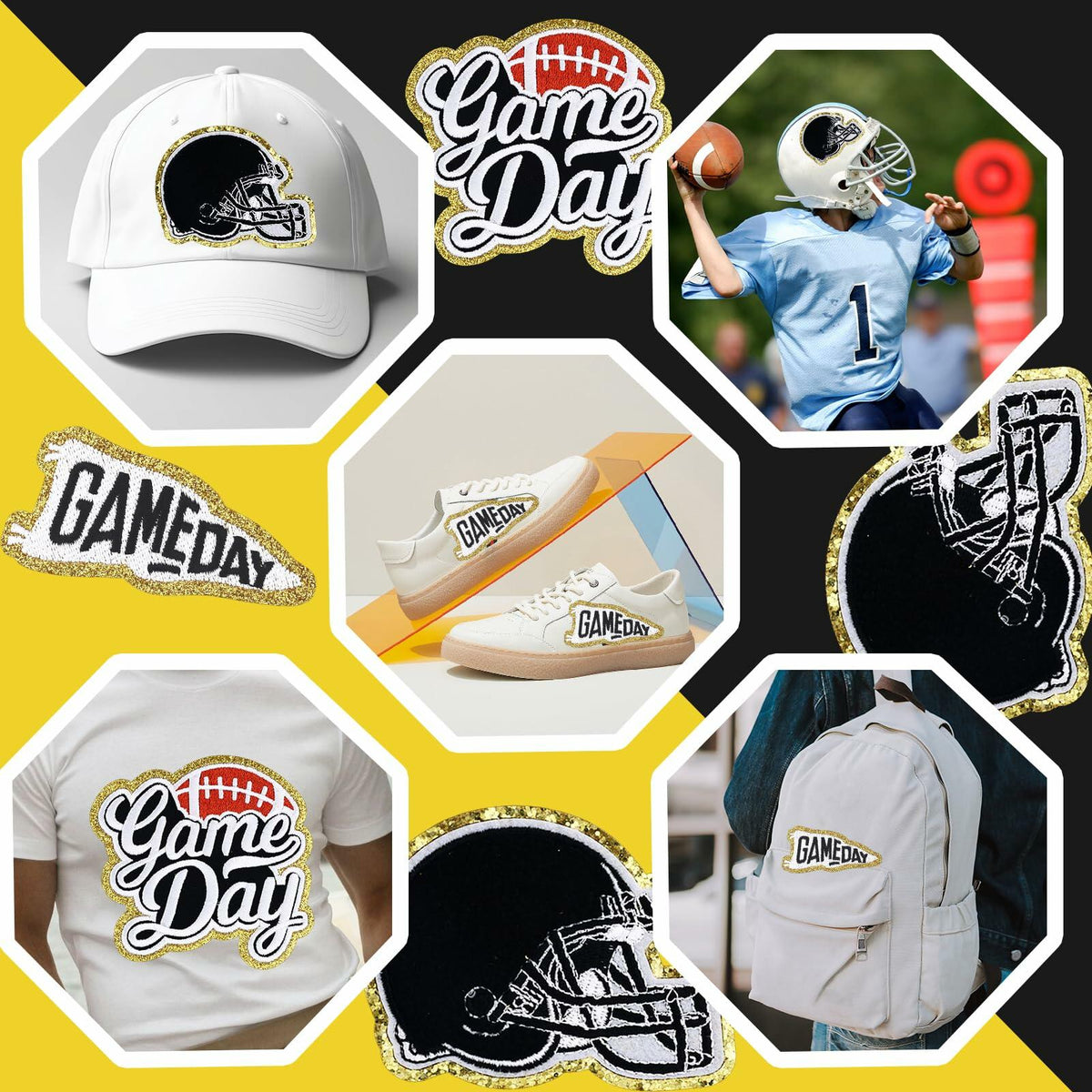 Tmtains 6Pcs Game Day Embroidered Iron-On Patches Football Helmets Black
