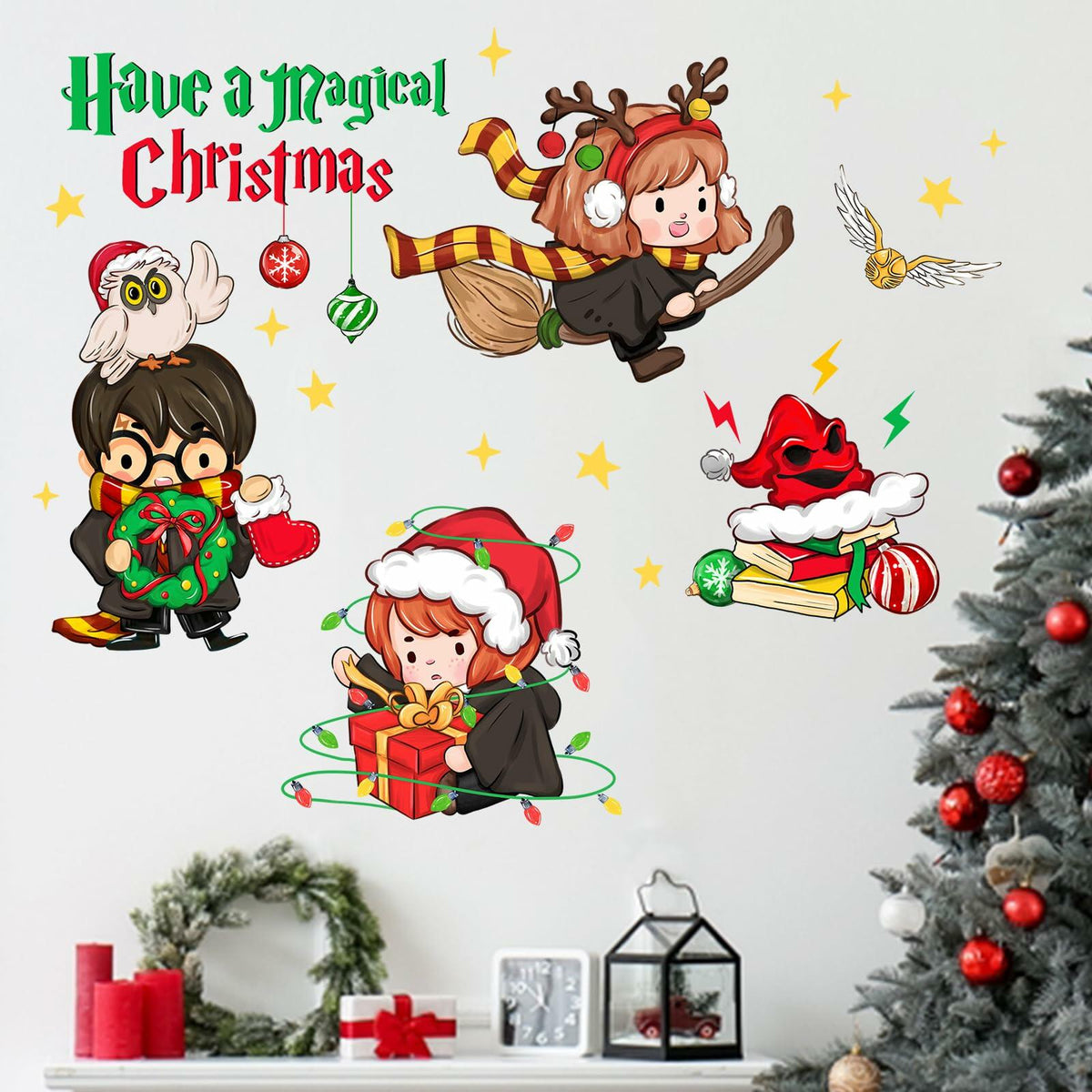 Mfault Magical Christmas Wall Decals Stickers Xmas Wizard Owl Decor