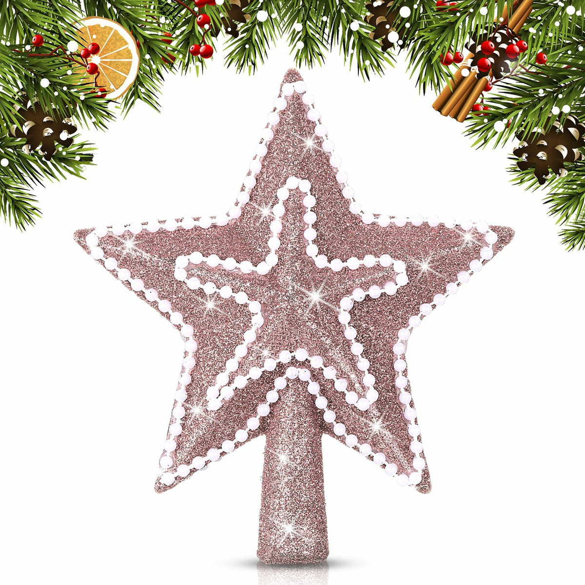 [Like New] Hollowfly Glitter Mini Star Christmas Tree Topper Rose Gold 4 Inch