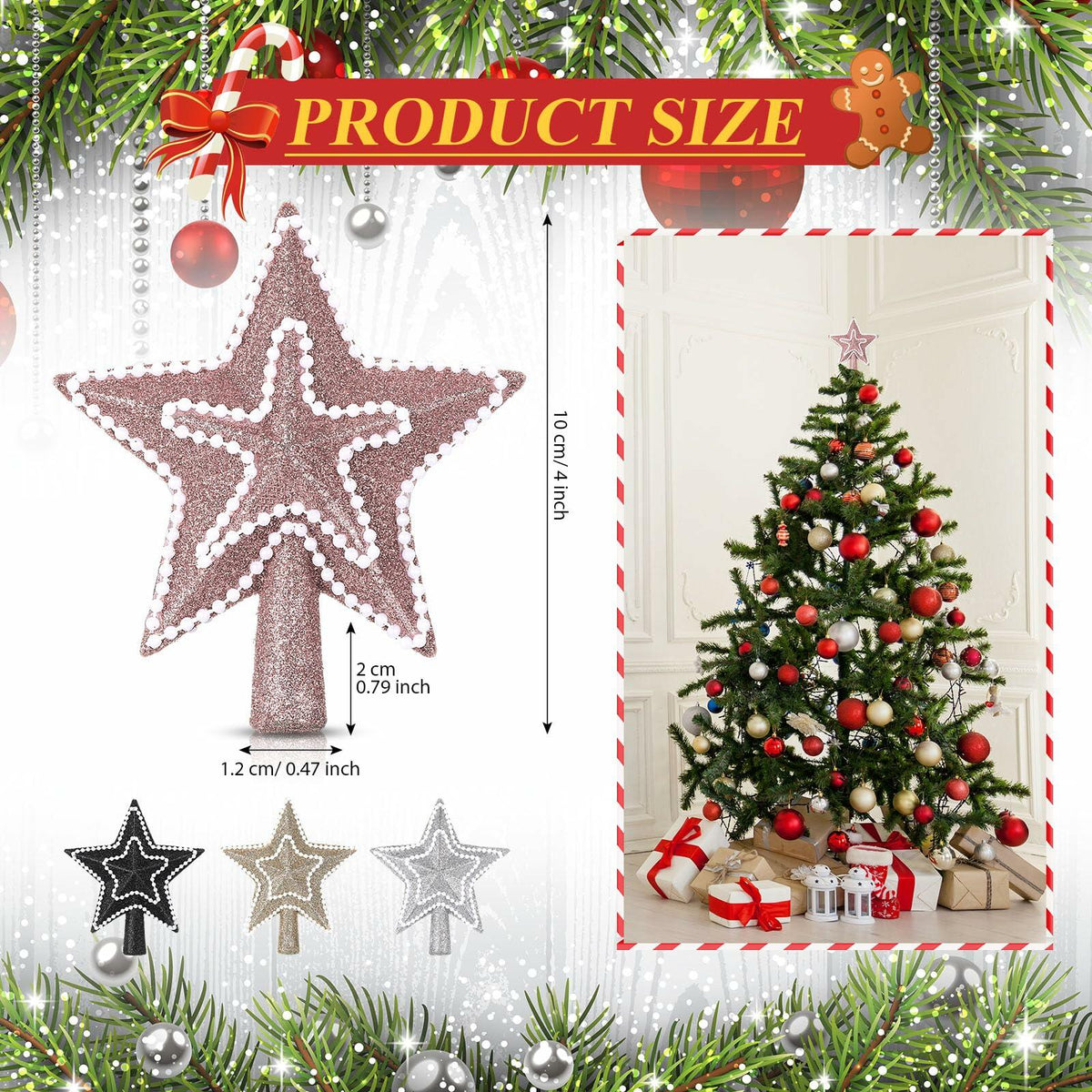 [Like New] Hollowfly Glitter Mini Star Christmas Tree Topper Rose Gold 4 Inch