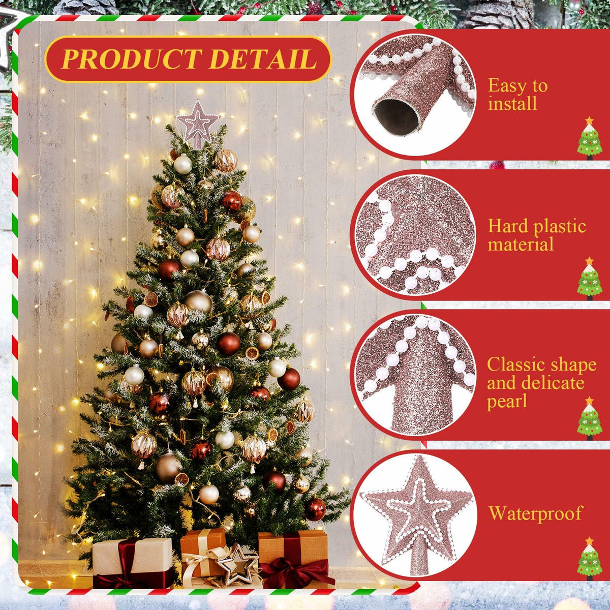 [Like New] Hollowfly Glitter Mini Star Christmas Tree Topper Rose Gold 4 Inch