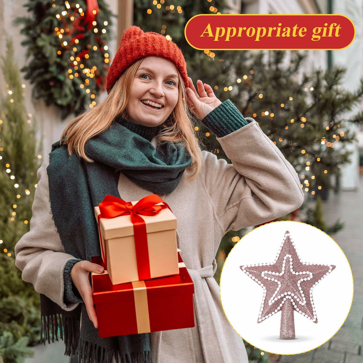 [Like New] Hollowfly Glitter Mini Star Christmas Tree Topper Rose Gold 4 Inch