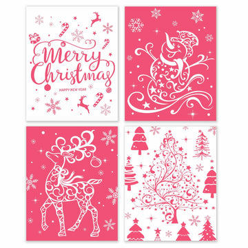 BESERH Pink Christmas Wall Decor Santa Reindeer Bells 8x10in Set of 4