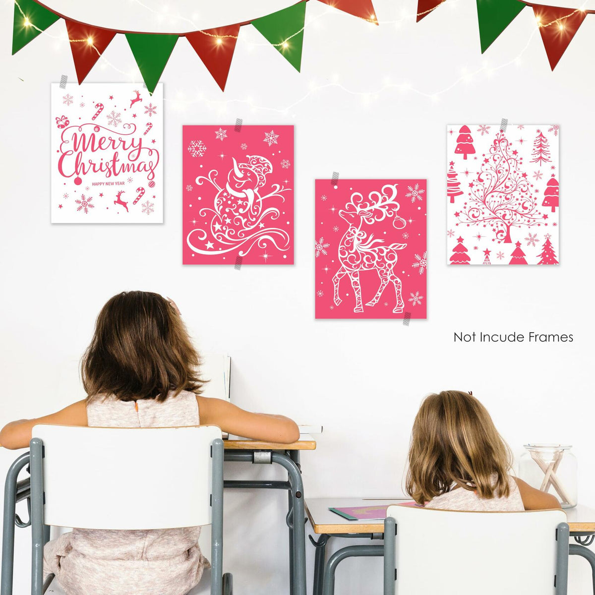 BESERH Pink Christmas Wall Decor Santa Reindeer Bells 8x10in Set of 4