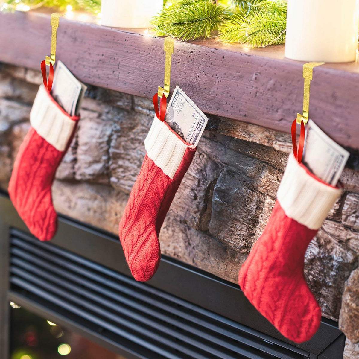 Tandefio 12 Pack Glitter Christmas Stocking Holder Hangers Gold Mantel Hooks