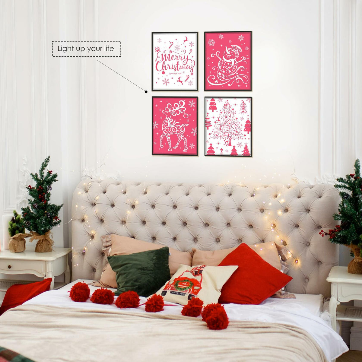 BESERH Pink Christmas Wall Decor Santa Reindeer Bells 8x10in Set of 4