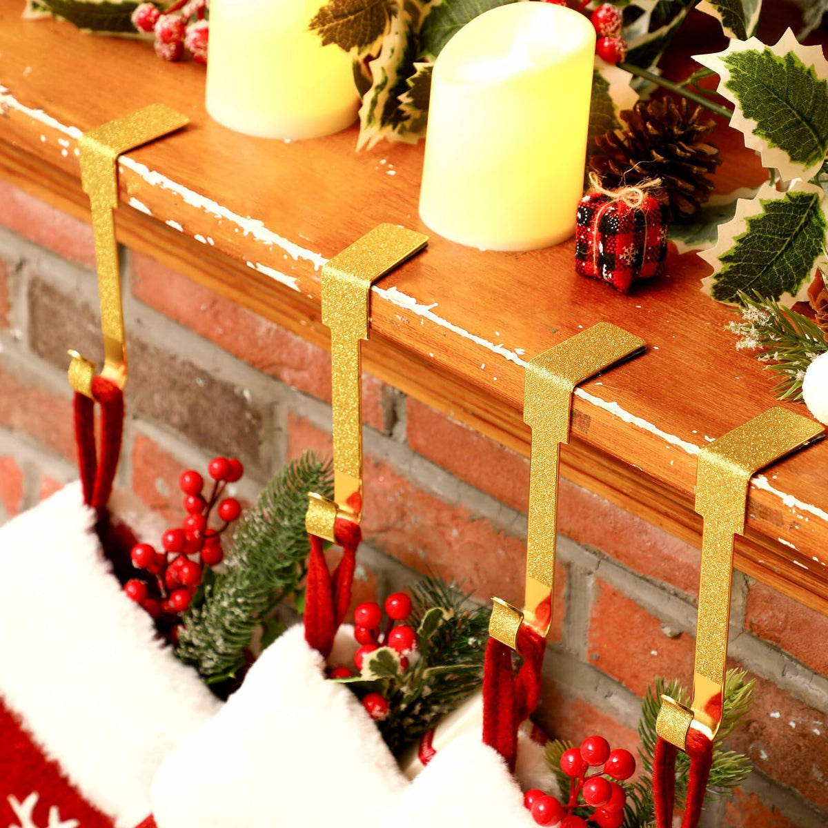 Tandefio 12 Pack Glitter Christmas Stocking Holder Hangers Gold Mantel Hooks