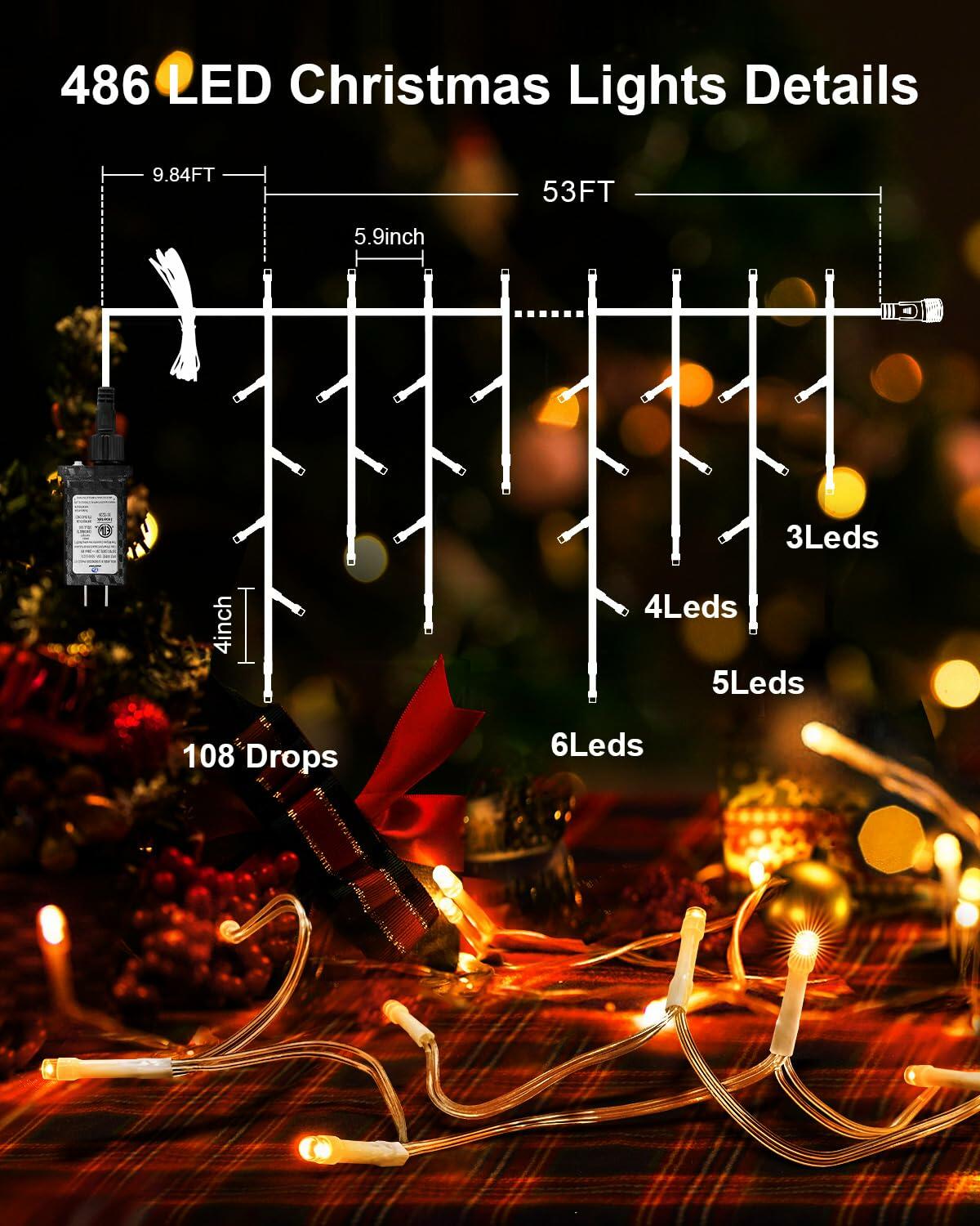 JIXXULVU 2 Pack 53FT 486 LED Outdoor Waterproof Timer 8 Modes Warm White