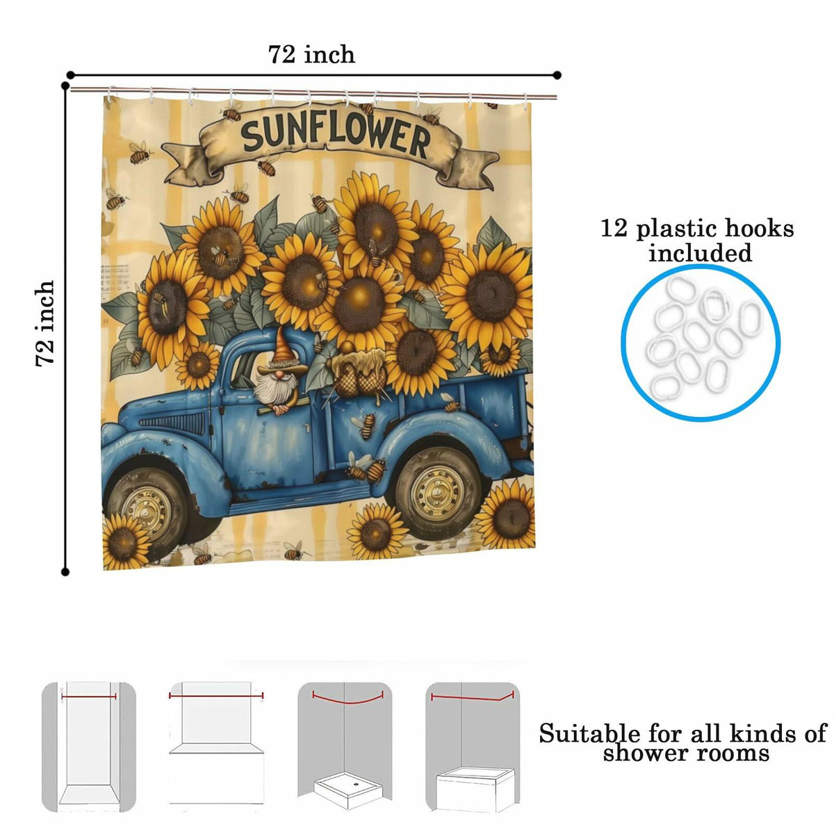 TIPIPARK Sunflower Shower Curtain 72x72 Waterproof Polyester with 12 Hooks
