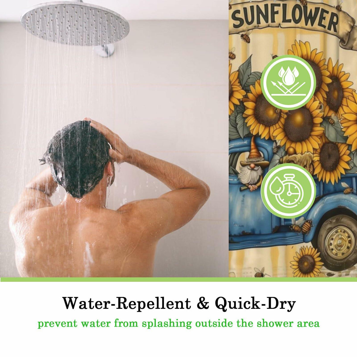 TIPIPARK Sunflower Shower Curtain 72x72 Waterproof Polyester with 12 Hooks