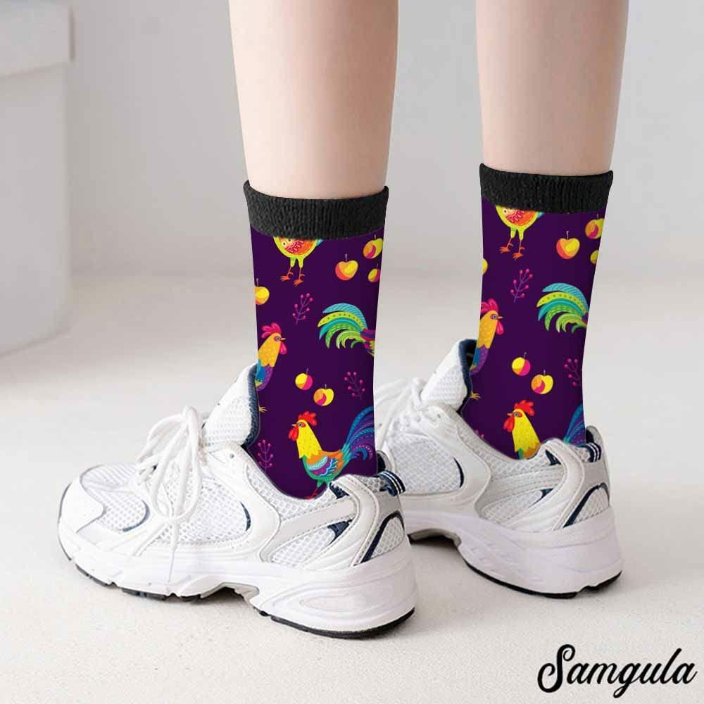 Samgula Multicolor Rooster Crew Socks Purple Rural Berry Colorful Size 6-8