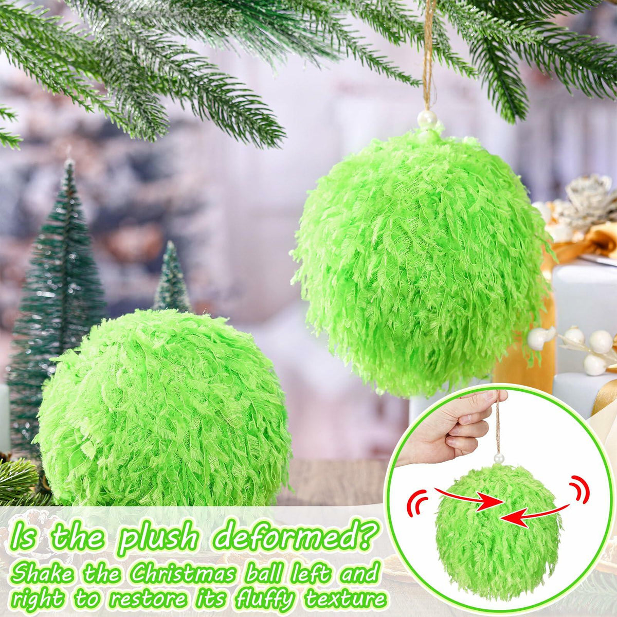Syhood 2 Pcs Green Furry Large Christmas Ball Ornaments 4.72in