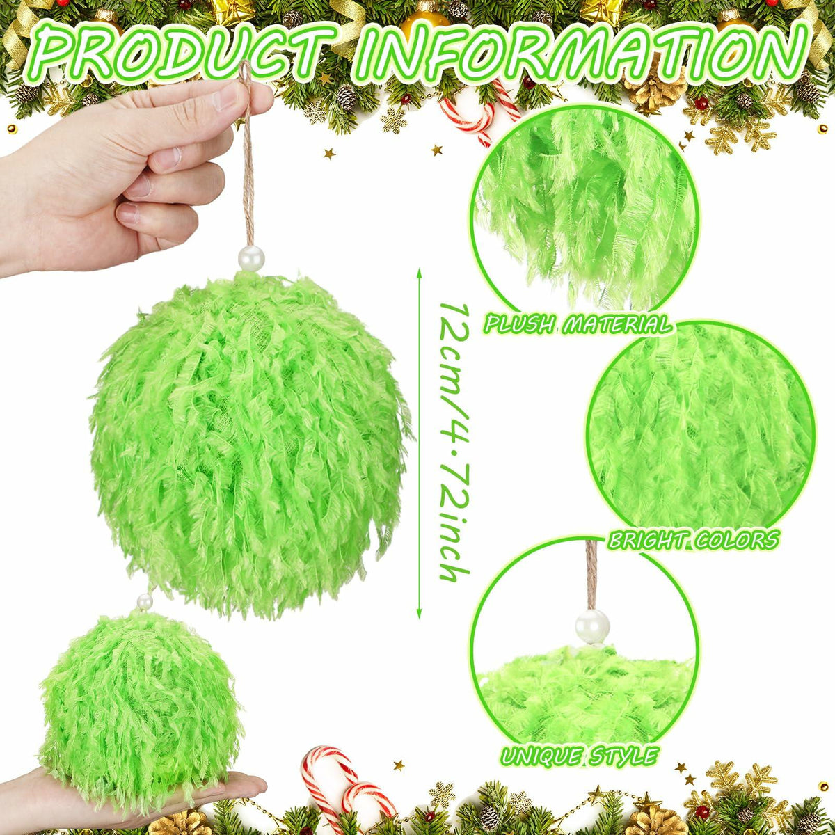 Syhood 2 Pcs Green Furry Large Christmas Ball Ornaments 4.72in