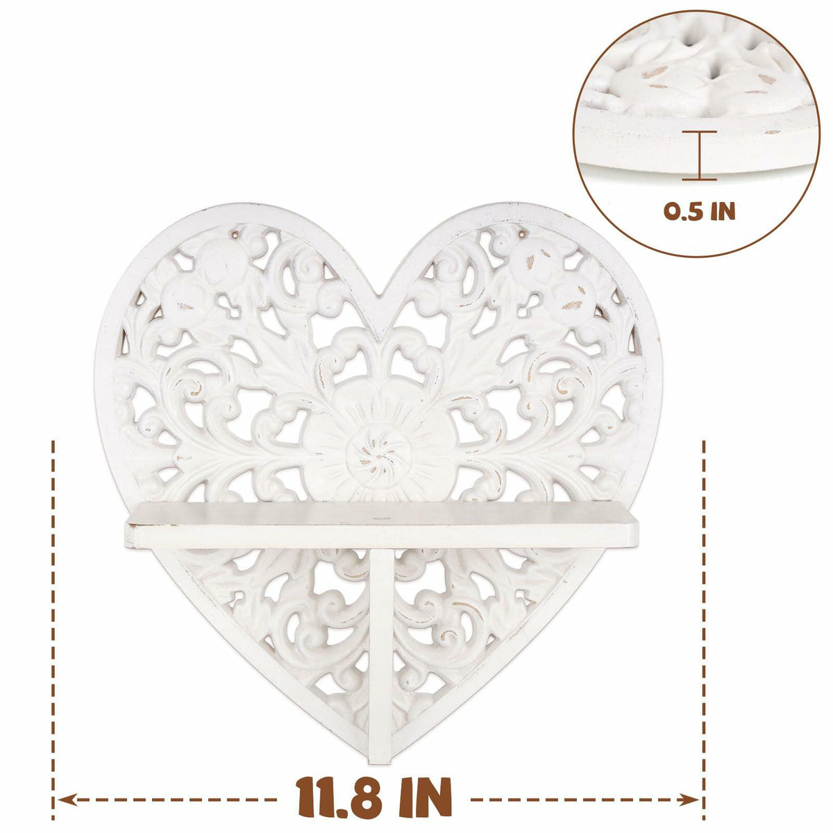 Multipurpose Floating Wall Shelf with Key Hooks Heart-Shaped 12" Vintage White
