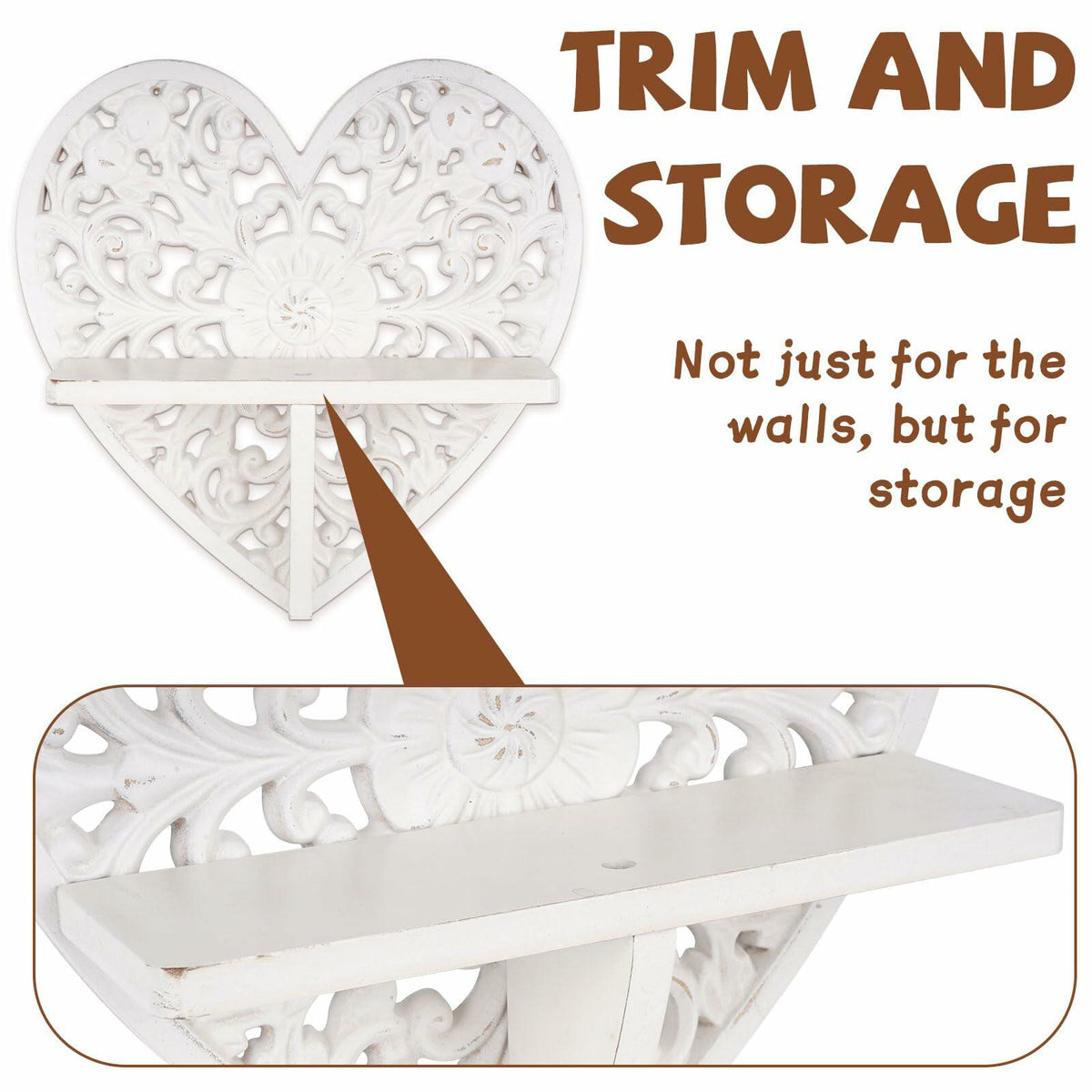 Multipurpose Floating Wall Shelf with Key Hooks Heart-Shaped 12" Vintage White