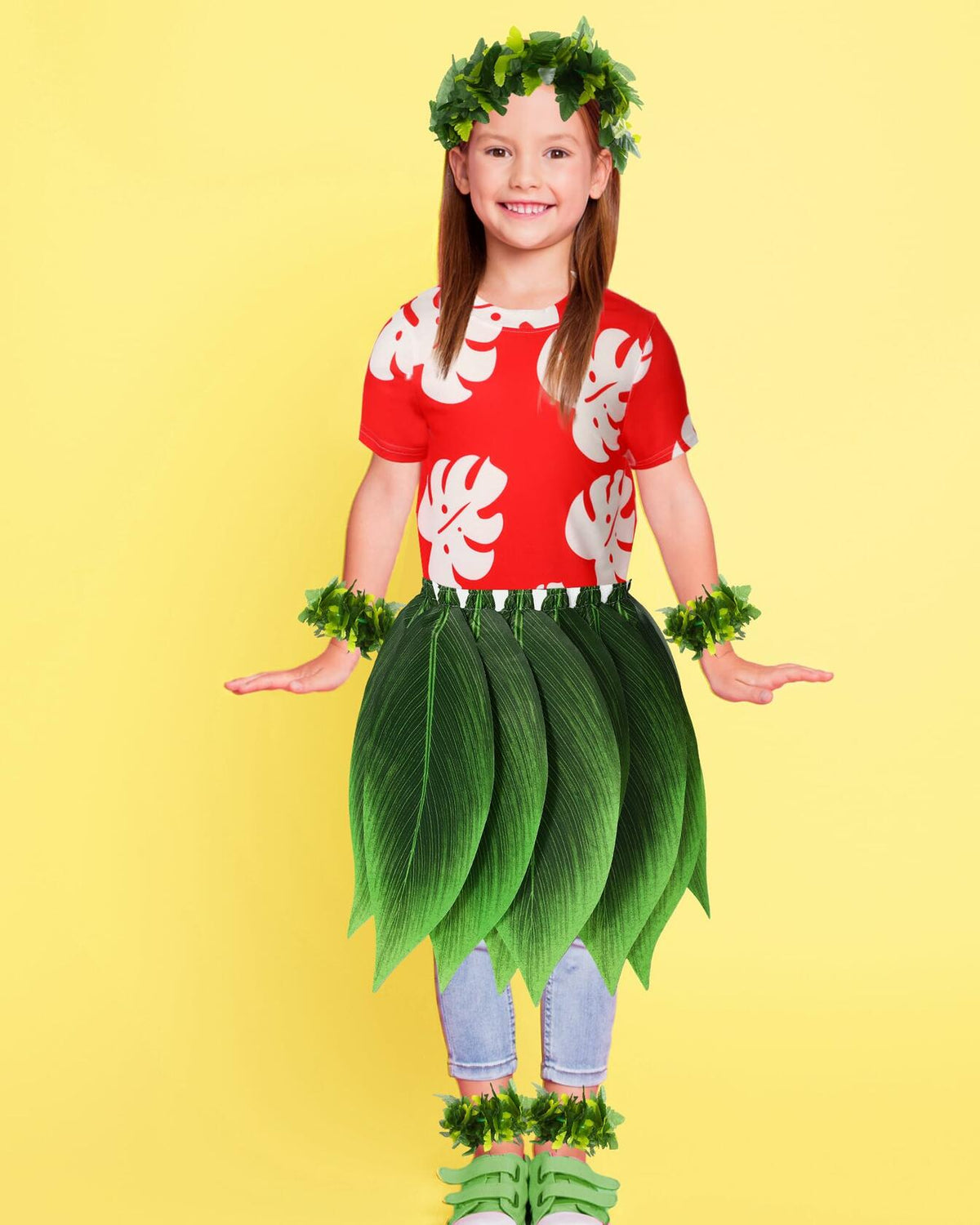 Toulite Halloween Girl Hawaiian Luau Costume Red Leaf T-Shirt Headband Anklet