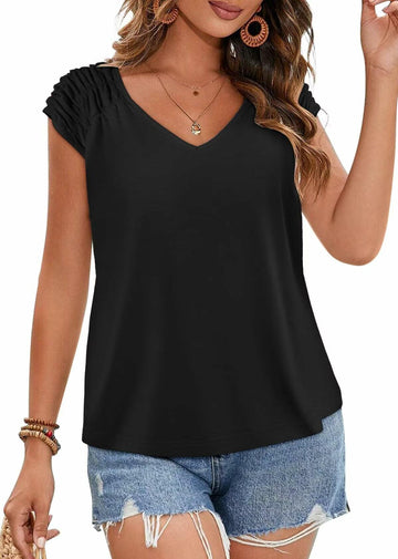 Bliwov Womens V Neck Short Sleeve Casual T Shirt Black 3XL