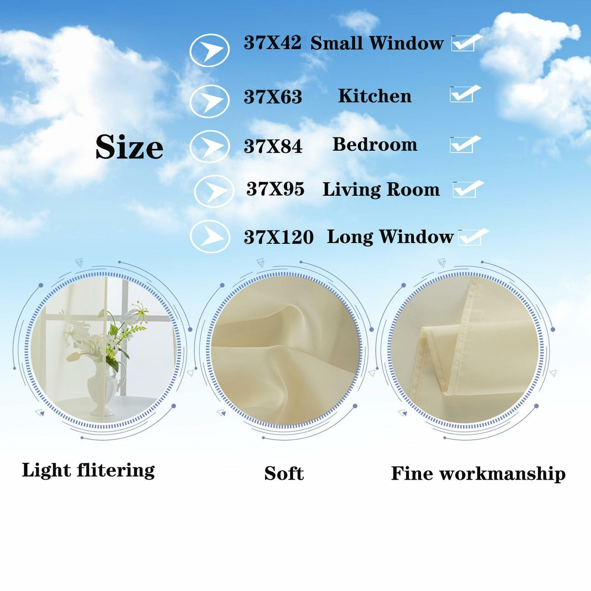 AZRMT Curtains 2 Panels 37x63in Light Filtering Sheer Rod Pocket Soft Beige