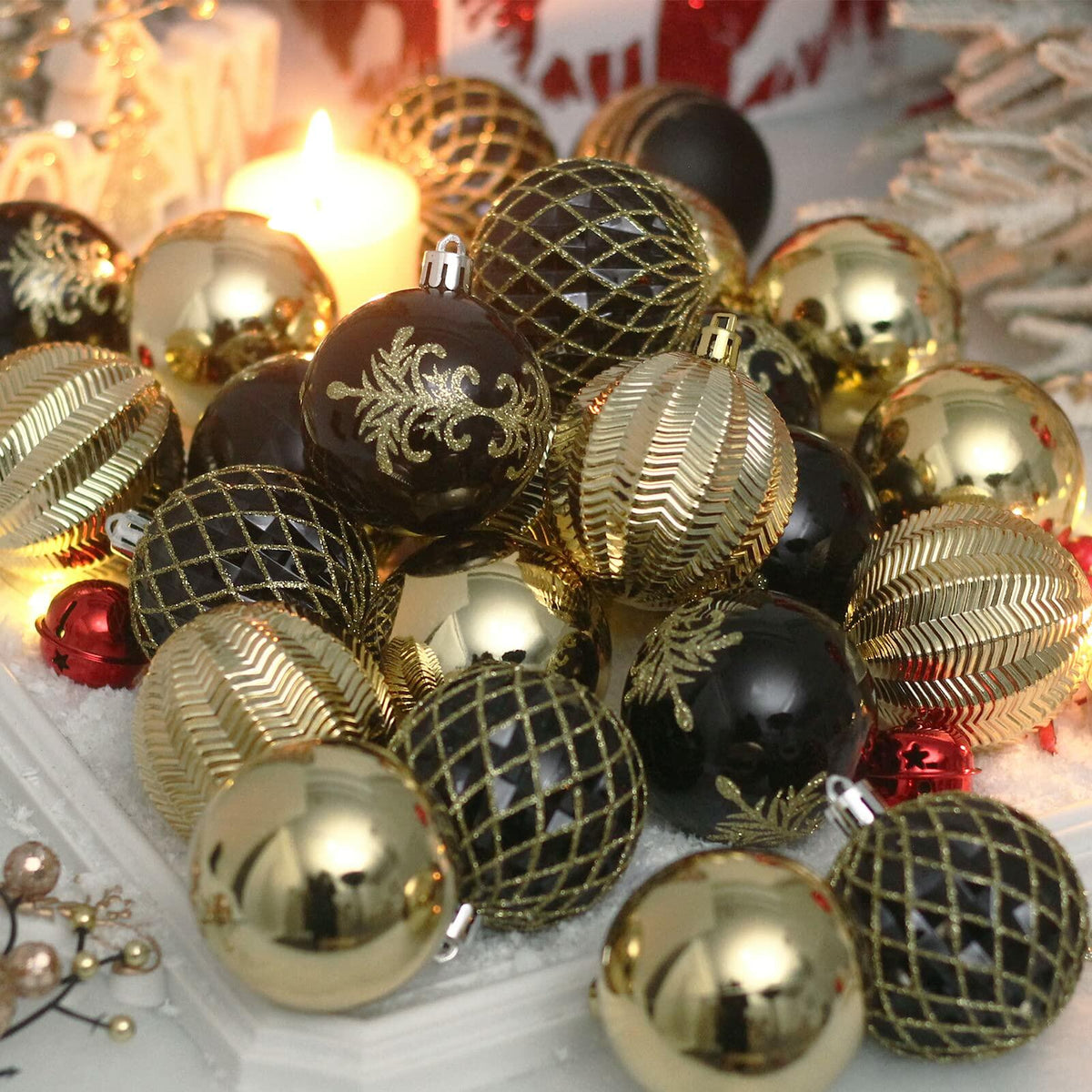 RoseCraft 60mm Hand-Printed Christmas Ball Ornaments Set 24PCS Black/Gold