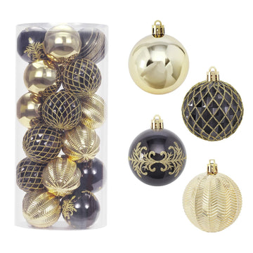 RoseCraft 60mm Hand-Printed Christmas Ball Ornaments Set 24PCS Black/Gold