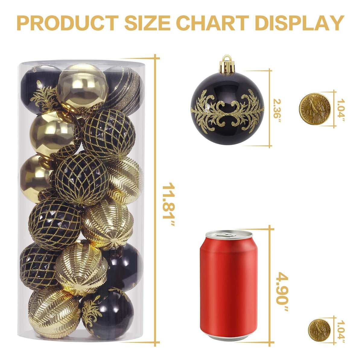 RoseCraft 60mm Hand-Printed Christmas Ball Ornaments Set 24PCS Black/Gold