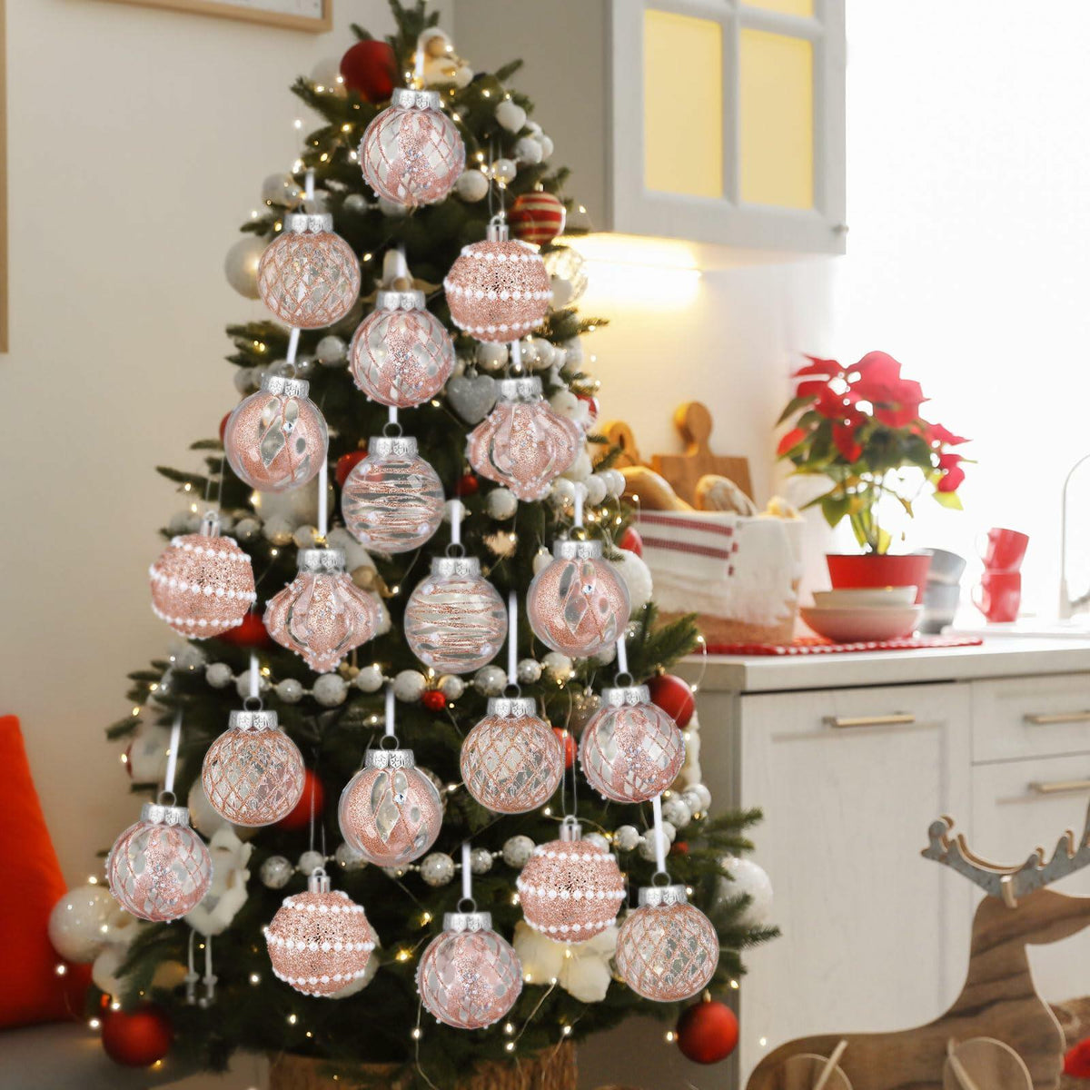 12 Pack White Glitter Christmas Ball Ornaments 2.36in Plastic Xmas Decor