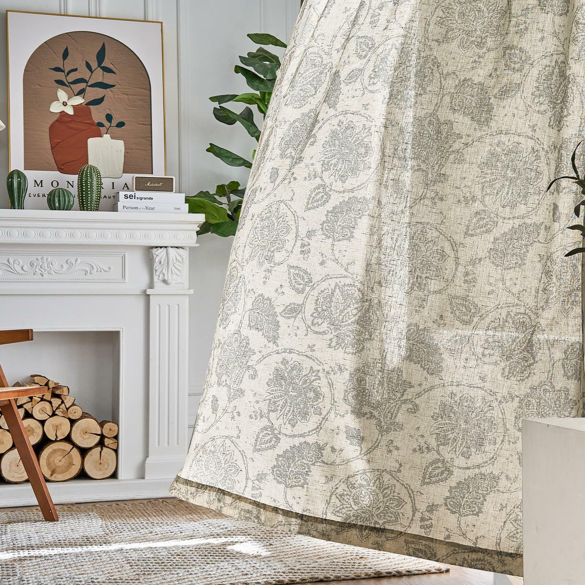 [Like_new] jinchan Linen Curtains Gray Floral Paisley 63in Length 2 Panels