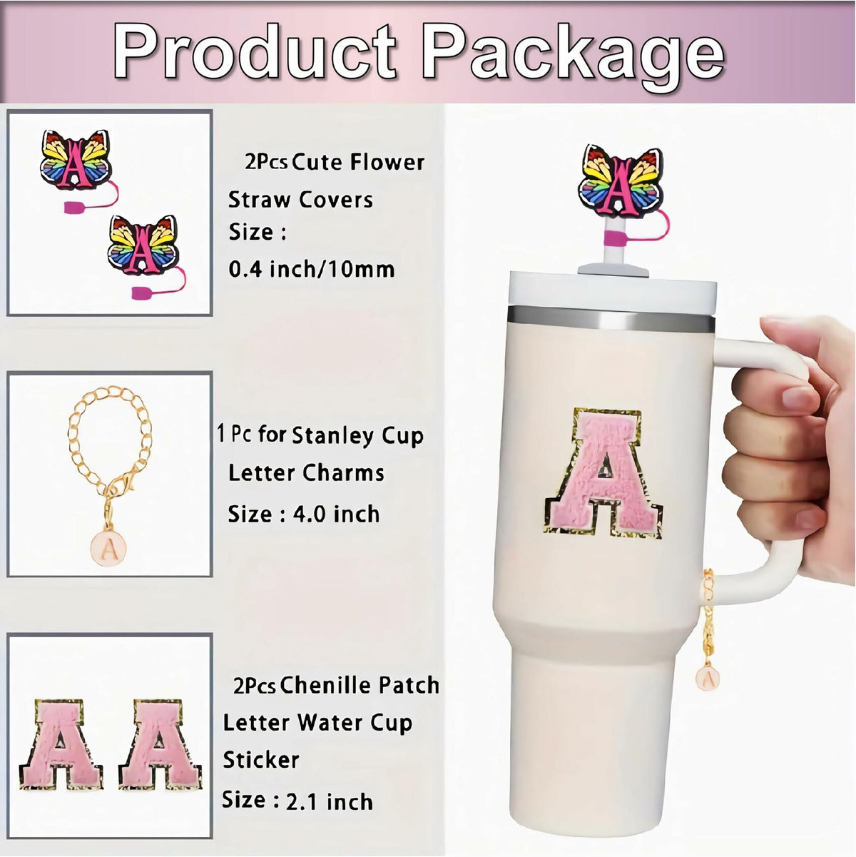 IN CHENTHY Straw Topper 2pcs Letter N Covers + Charm Chain + Alphabet Stickers
