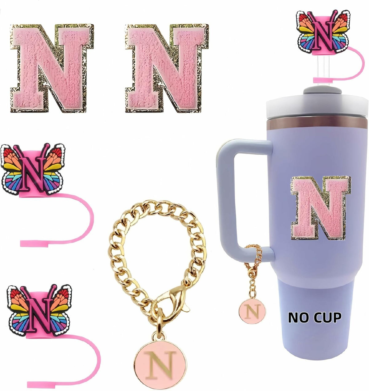 IN CHENTHY Straw Topper 2pcs Letter N Covers + Charm Chain + Alphabet Stickers