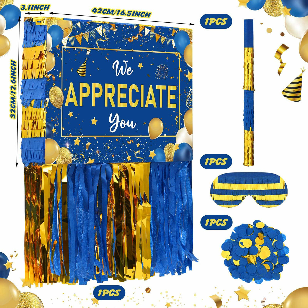 [Like New] Poen We Appreciate You Piñata with Stick Blindfold Blue Gold Confetti 16x12 Inch