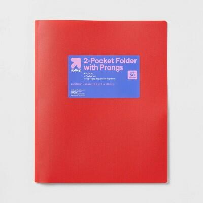 up&up 2 Pocket Plastic Folder with Prongs Red 50 Sheet Capacity Polypropylene