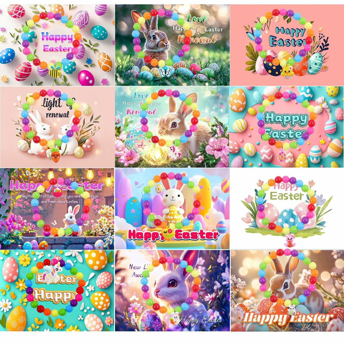 12PCS Easter Bunny Bracelets with Cards Basket Stuffers Eggs Fillers