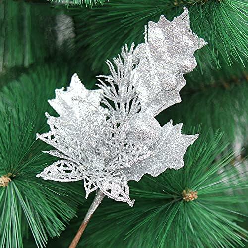 Giga Gud 5pcs 9in Christmas Glitter Berries Stems Silver Holiday Decor