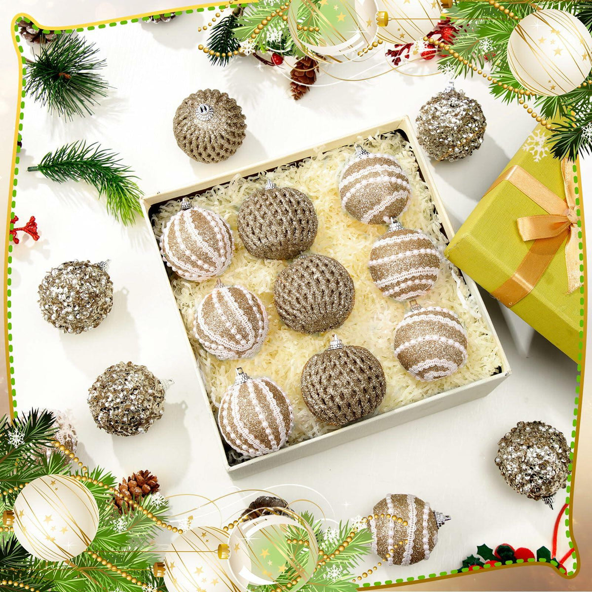 Civaner 16 Pcs Christmas Ball Ornaments Pearl Champagne Sequin Shatterproof