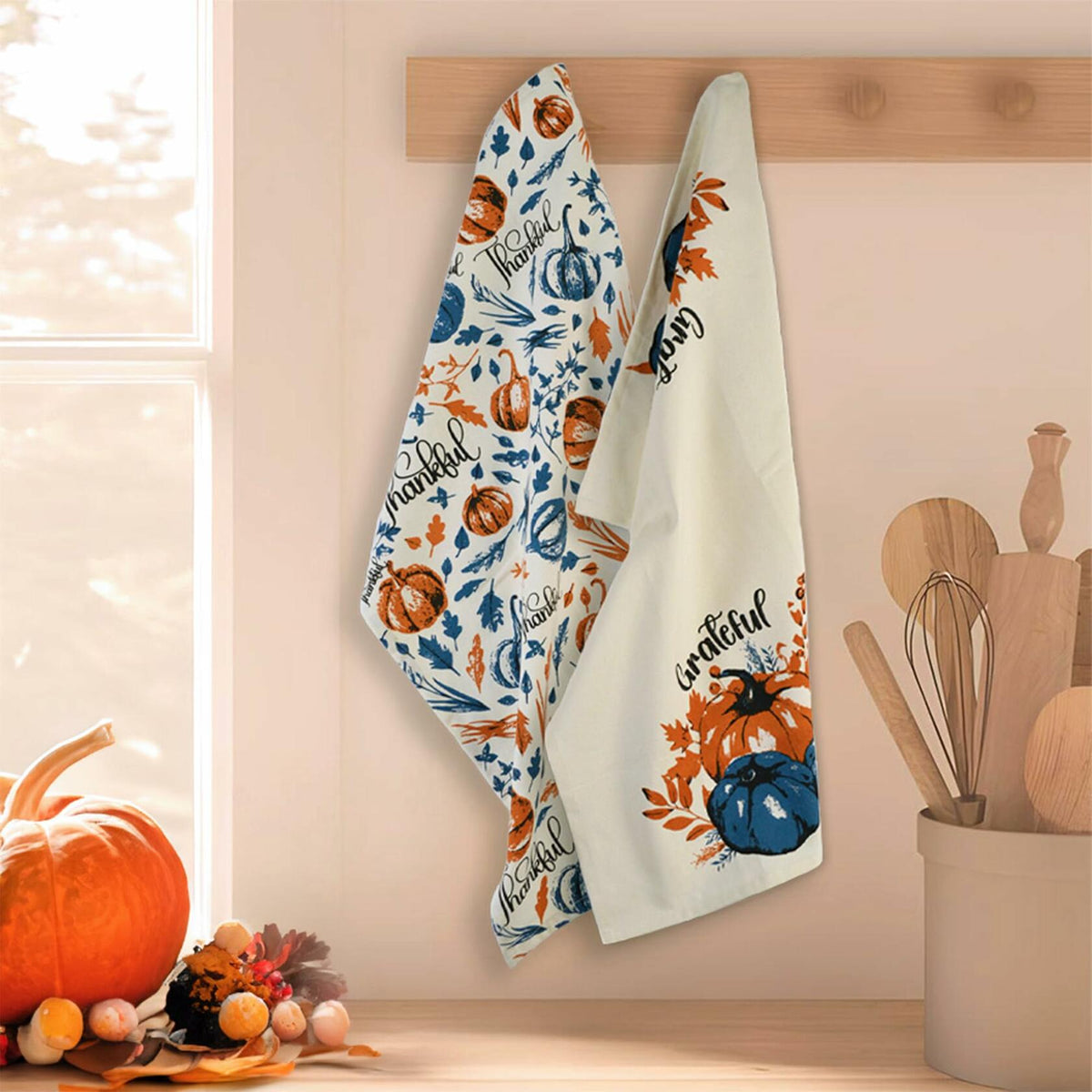 The Fine Living Company 2pc Thankful Grateful Dish Towels 18x28 Blue Orange