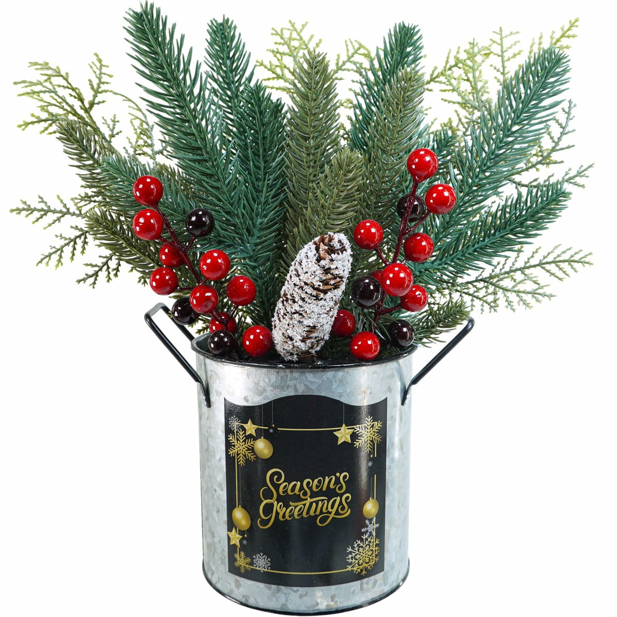 Winlyn Christmas Floral Arrangement Pinecone Red Berry Galvanized Pot 12.4"